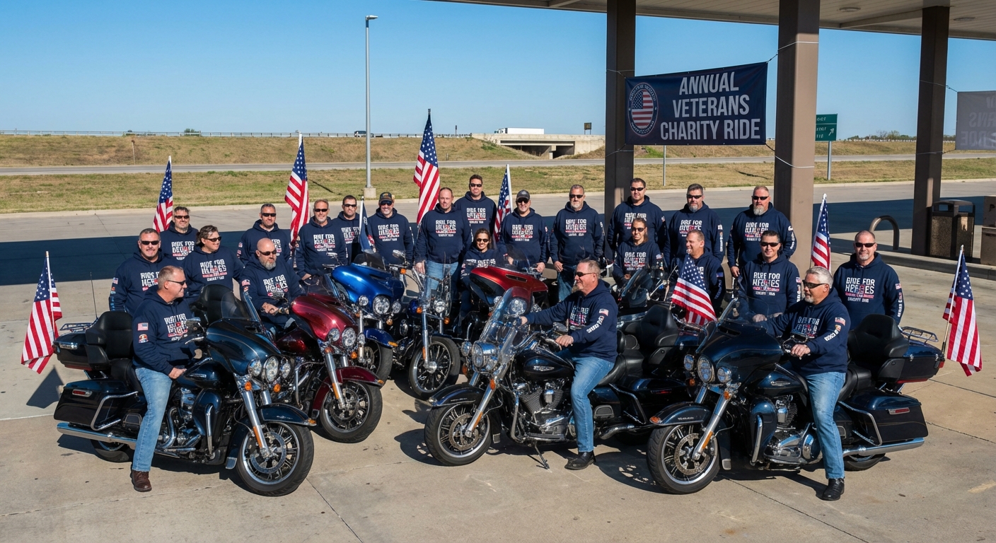 Charity ride group in matching branded gear