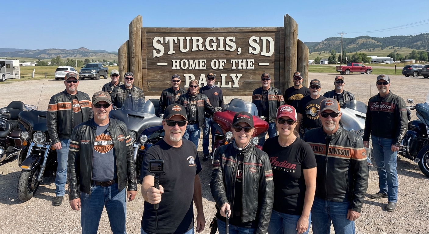 Group at motorcycle landmark with branded gear